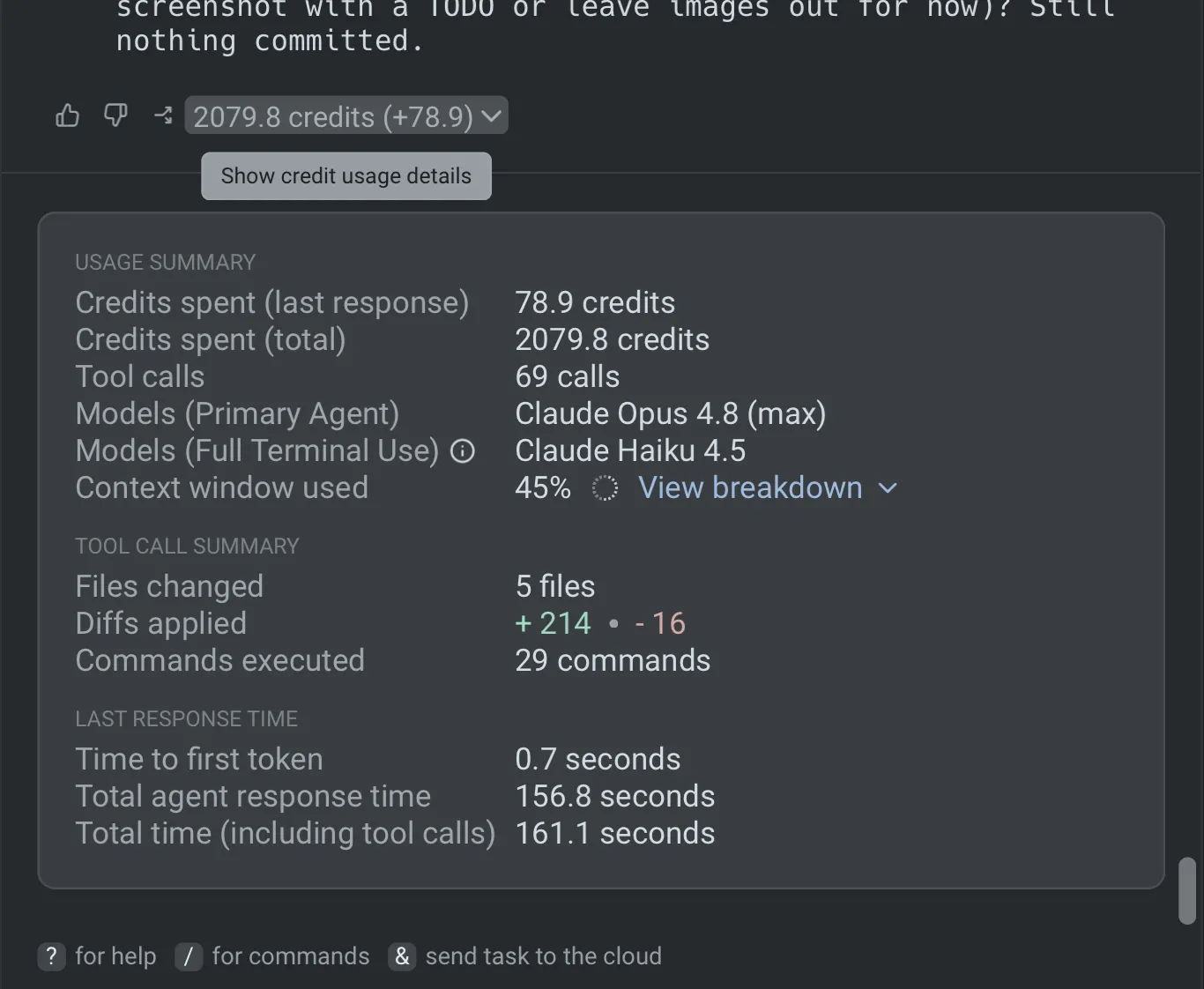Expanded Usage Summary panel for an agent response, showing usage, tool calls, model, context window used, and diffs applied.